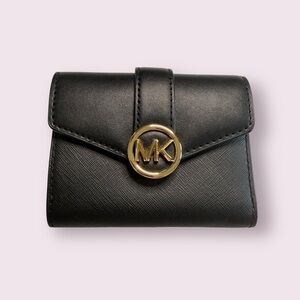Michael‎ Kors Carmen Bi-fold Black Wallet Gold Logo